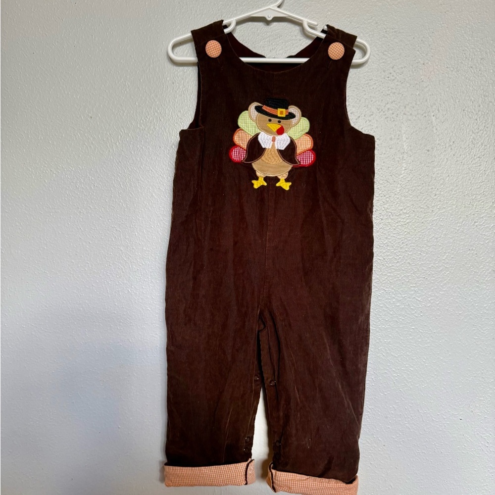 Brown Kids Overalls Smocked with Turkey Design